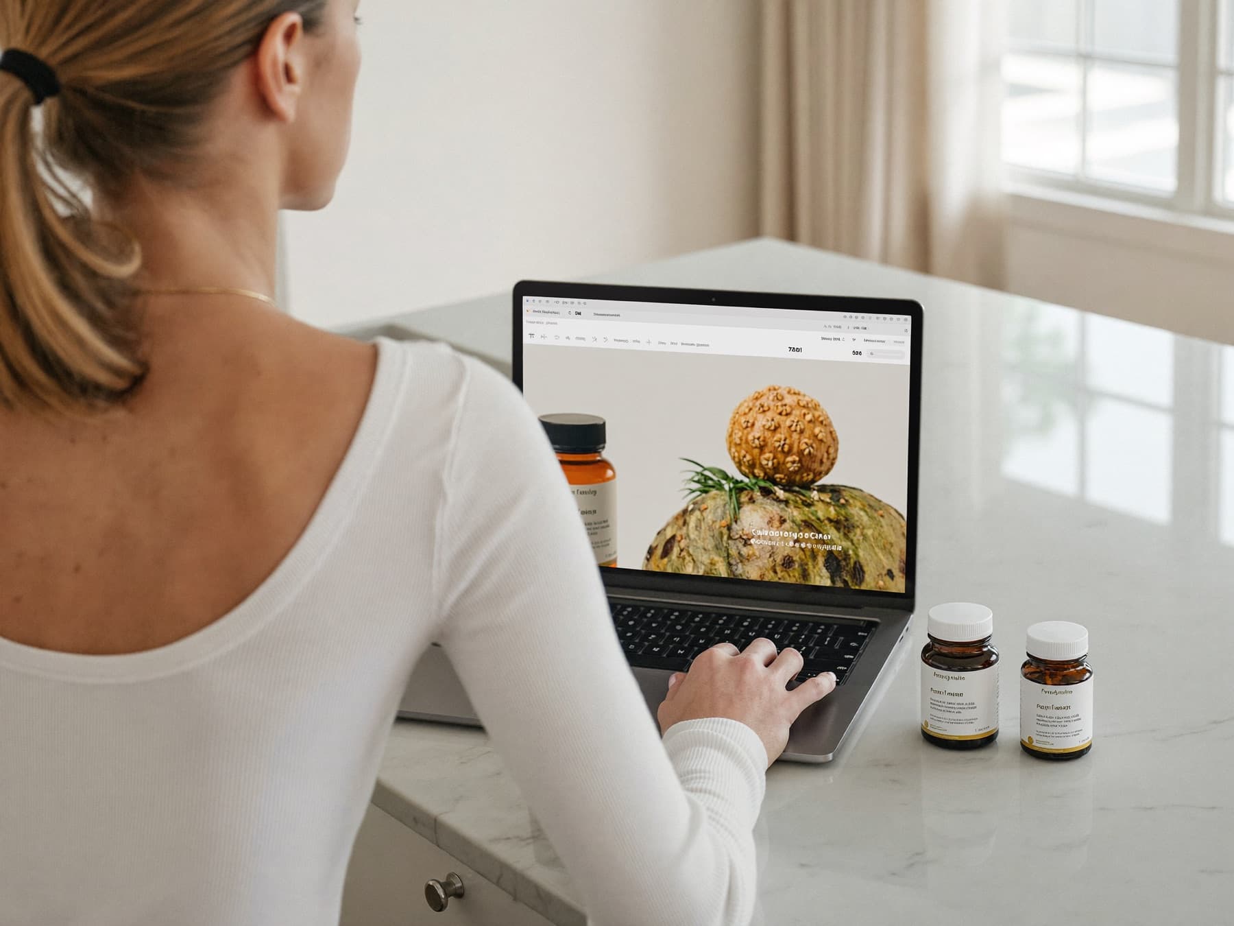 Golden softgel supplement capsules scattered on a white surface